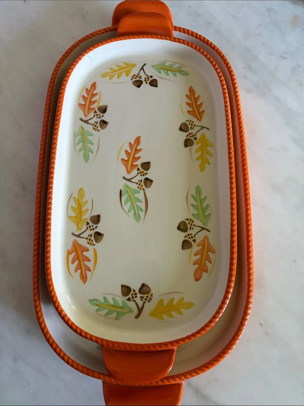Temptations by Tara Ceramic Serving Trays in Orange with Autumn Leaf Accent